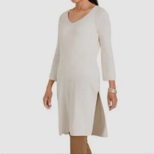 Chicos Travelers Long Rib Tunic Sweater Dress Women 1 = 8 10 Modern Ecru Ivory